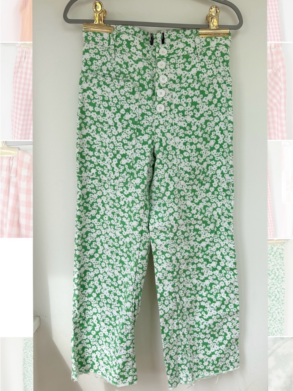 Green Floral Button-Front Wide Leg Pants